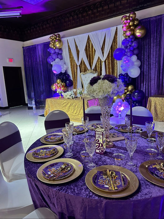 Purple, White & Gold Pipe and Drape